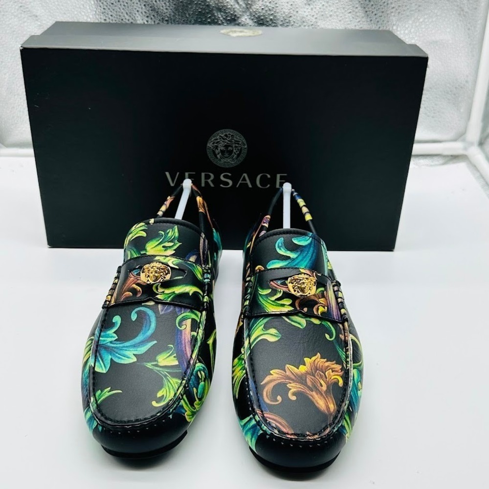 Versace Car Shoe Vitello St Barocco Loafers Black Multicolor Medusa Mens 8 IT 40